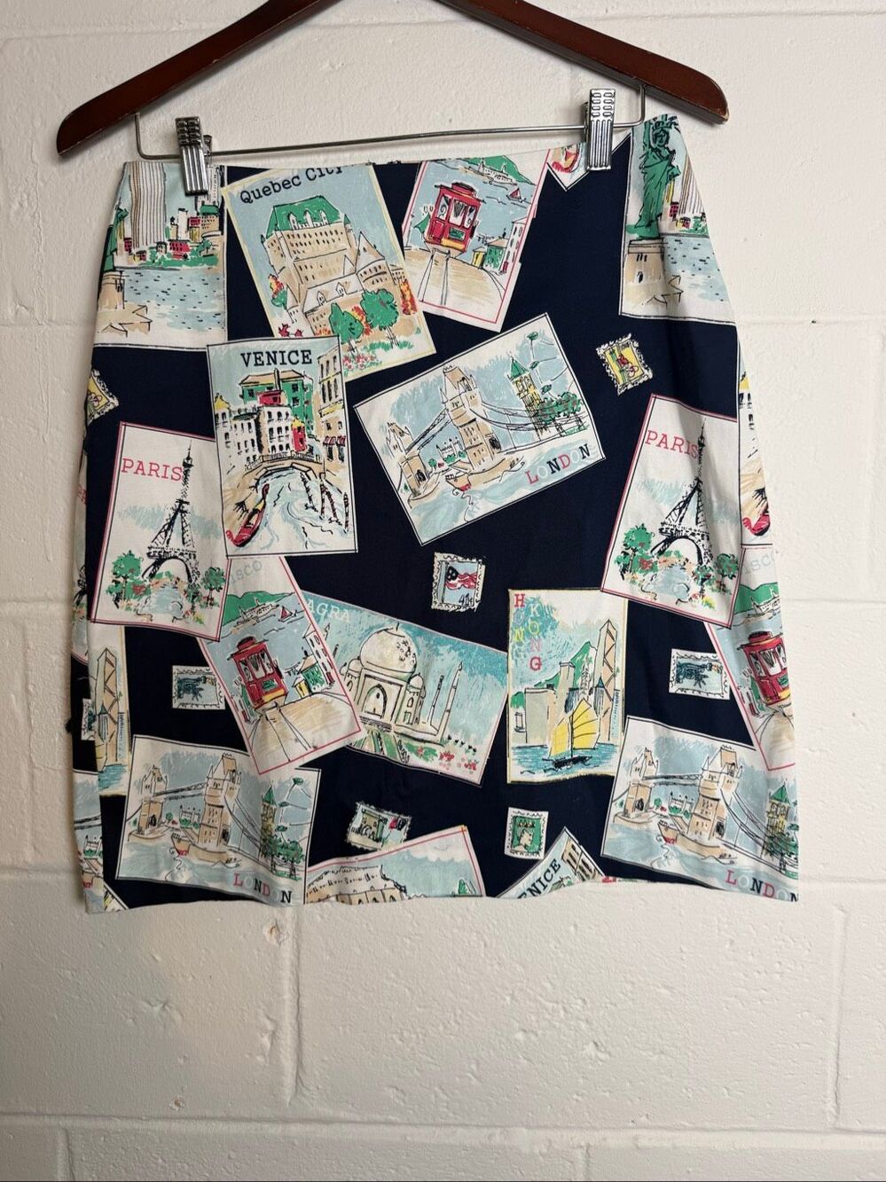 Talbots Petites Women’s 6P Navy Postcard Travel Print Pencil Skirt Preppy Coasta